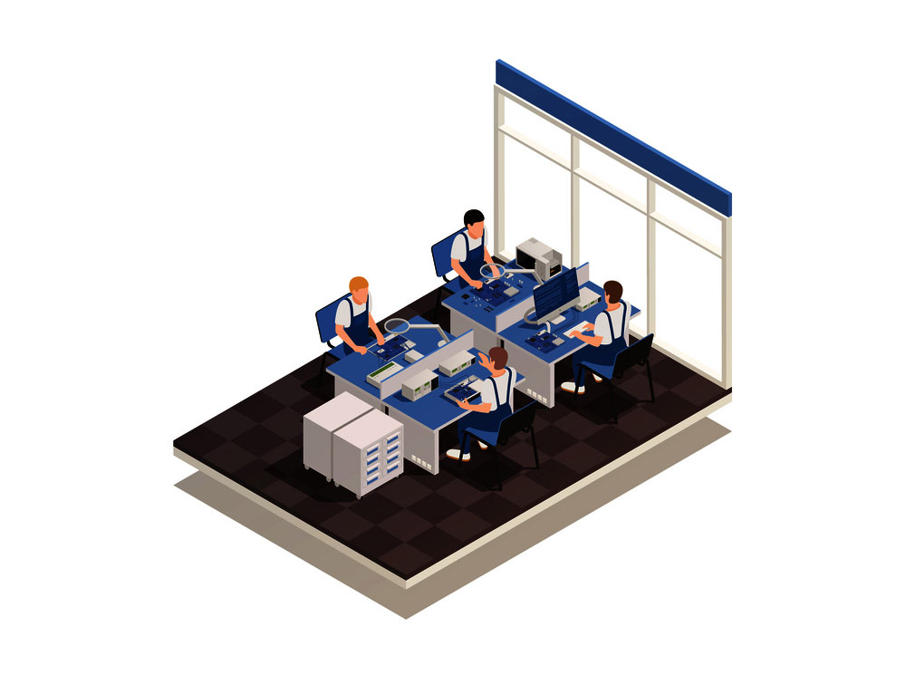 Ισομετρική διανυσματική απεικόνιση υπηρεσίας εγγύησης με ομάδα εμπειρογνωμόνων στο εσωτερικό γραφείου που εργάζεται με συσκευές ζημιάς στο χώρο εργασίας τους